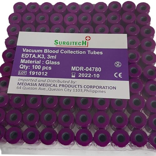 Vacuum Blood Collection Tube Purple Top, K3 EDTA, 3mL, Glass