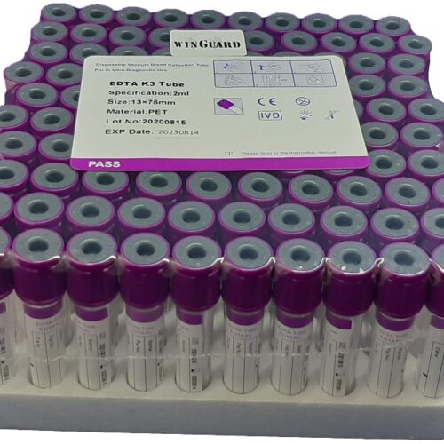 Vacuum Blood Collection Tube Purple Top, K3 EDTA, 2mL, Glass