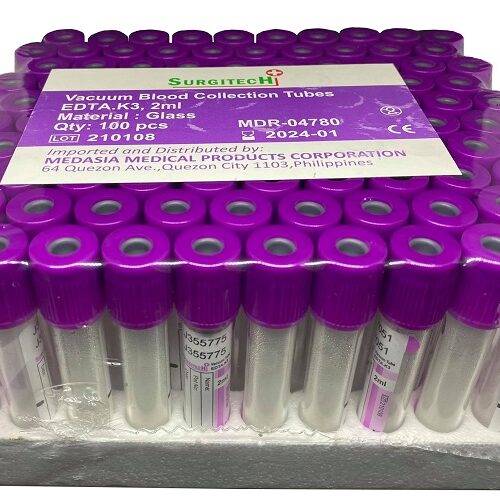 Vacuum Blood Collection Tube Purple Top, K3 EDTA, 2mL, Glass