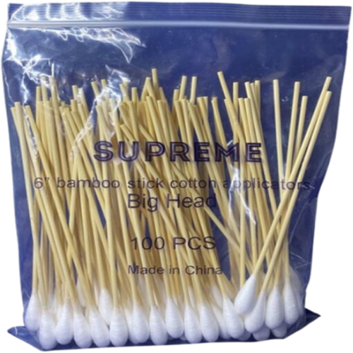 6" Bamboo Stick Cotton Application Big Head, Non-Sterile, 100pcs