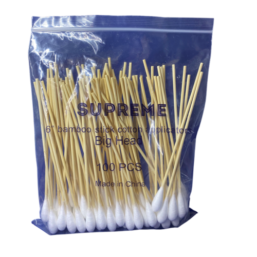 6" Bamboo Stick Cotton Application Big Head, Non-Sterile, 100pcs