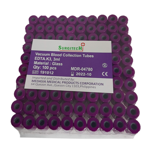 Vacuum Blood Collection Tube Purple Top, K3 EDTA, 3mL, Glass