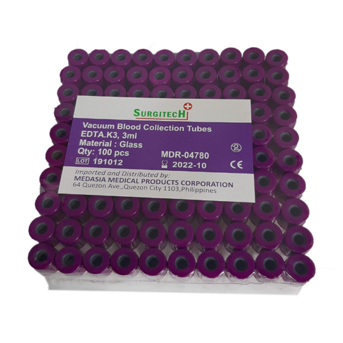 Vacuum Blood Collection Tube Purple Top, K3 EDTA, 2mL, Glass