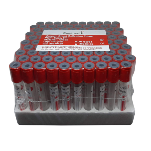 Vacuum Blood Collection Tube Red Top, Plain Glass, 5mL